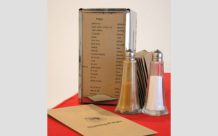 Homing Pidgin | Salt & pepper shakers, napkin lexicon, 2006